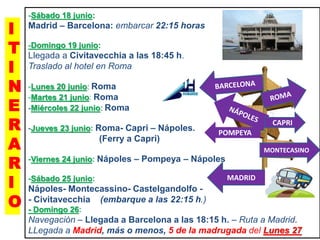 I
T
I
N
E
R
A
R
I
O
-Sábado 18 junio:
Madrid – Barcelona: embarcar 22:15 horas
-Domingo 19 junio:
Llegada a Civitavecchia a las 18:45 h.
Traslado al hotel en Roma
-Lunes 20 junio: Roma
-Martes 21 junio: Roma
-Miércoles 22 junio: Roma
-Jueves 23 junio: Roma- Capri – Nápoles.
(Ferry a Capri)
-Viernes 24 junio: Nápoles – Pompeya – Nápoles
-Sábado 25 junio:
Nápoles- Montecassino- Castelgandolfo - -
- Civitavecchia (embarque a las 22:15 h.)
- Domingo 26:
Navegación – Llegada a Barcelona a las 18:15 h. – Ruta a Madrid.
LLegada a Madrid, más o menos, 5 de la madrugada del Lunes 27
MONTECASINO
MADRID
CAPRI
POMPEYA
 