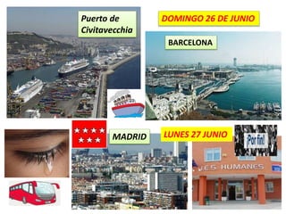 Puerto de
Civitavecchia
Puerto de
Barcelona
MADRID
DOMINGO 26 DE JUNIO
LUNES 27 JUNIO
BARCELONA
 