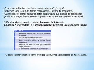 -¿Crees que pablo hace un buen uso de internet? ¿Por qué?
-¿Debemos usar la red de forma responsable? Razona tu respuesta.
-¿Qué sucede si damos nuestros datos en portales que no son de confianza?
- ¿Cuál es la mejor forma de evitar publicidad no deseada y ofertas trampa?
2. Escribe cinco consejos para el buen uso de internet.
3. Escribe V (verdadero) o F (falso). Deberás justificar las respuestas falsas:
V F ÍTEMS
Pediremos permiso para publicar imágenes
en internet
No toda la publicidad es engañosa
No es necesario utilizar la red de forma
responsable
Podemos dar nuestros datos personales sin
ningún problema
Es conveniente crearnos una cuenta nueva
4. Explica brevemente cómo utilizas las nuevas tecnologías en tu día a día.
 