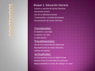 Bloque 3. Educación literaria
-Lectura y escucha de textos literarios
-Autonomía lectora
-Uso de la biblioteca escolar
- Comprensión y recitado de poemas
-Dramatización de textos literarios
-Conceptuales:
-El adjetivo y sus tipos
-La poesía y la rima
-La descripción
-Procedimentales:
-Uso de los conocimientos adquiridos
-Representación de textos literarios
-Análisis de poemas
-Actitudinales:
-Actitud positiva frente al hábito lector
-Respeto hacia la diversidad de opiniones
-Responsabilidad a la hora de trabajar en clase
 