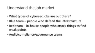 Understand the job market
• What types of cybersec jobs are out there?
• Blue team – people who defend the infrastructure
...