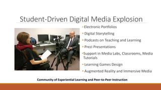 Student-Driven Digital Media Explosion
• Electronic Portfolios
• Digital Storytelling
• Podcasts on Teaching and Learning
• Prezi Presentations
•Support in Media Labs, Classrooms, Media
Tutorials
• Learning Games Design
• Augmented Reality and Immersive Media
Community of Experiential Learning and Peer-to-Peer Instruction
 