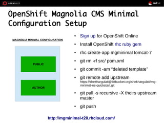 OpenShift Magnolia CMS Minimal
Configuration Setup
● Sign up for OpenShift Online
● Install OpenShift rhc ruby gem
● rhc create-app mgminimal tomcat-7
● git rm -rf src/ pom.xml
● git commit -am “deleted template”
● git remote add upstream
https://shekhargulati@bitbucket.org/shekhargulati/mg-
minimal-os-quickstart.git
● git pull -s recursive -X theirs upstream
master
● git push
http://mgminimal-t20.rhcloud.com/
 