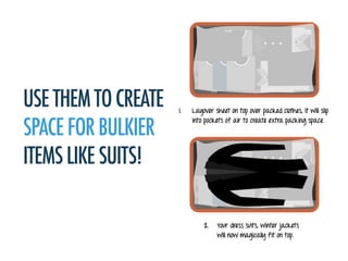 USETHEMTOCREATE
SPACEFORBULKIER
ITEMSLIKESUITS!
1. Layover sheet on top over packed clothes, it will slip
into pockets of ...