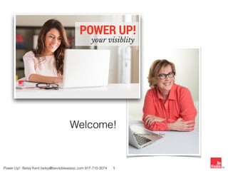 11
your presenter, Betsy Kent
TM
Welcome!
Power Up! Betsy Kent betsy@bevisibleassoc.com 917-710-3074
 