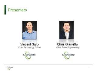 Presenters
2
Vincent Sgro
Chief Technology Officer
Chris Giarretta
VP of Sales Engineering
 