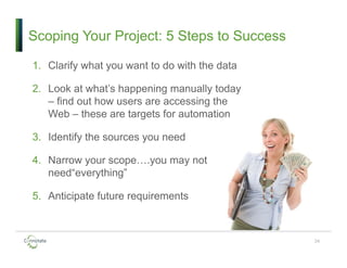 Scoping Your Project: 5 Steps to Success
1. Clarify what you want to do with the data
2. Look at what’s happening manually today
– find out how users are accessing the
Web – these are targets for automation
3. Identify the sources you need
4. Narrow your scope….you may not
need“everything”
5. Anticipate future requirements
34
 