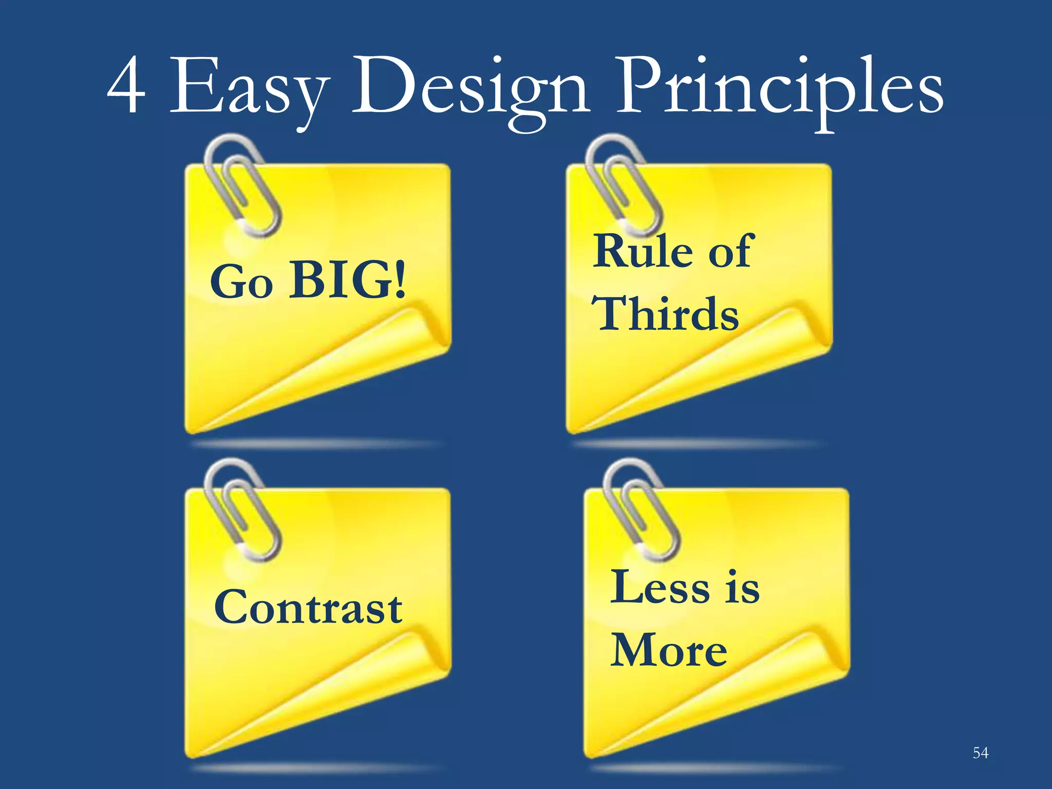 4 Easy Design Principles
Go BIG!
Contrast Less is
More
Rule of
Thirds
54
 