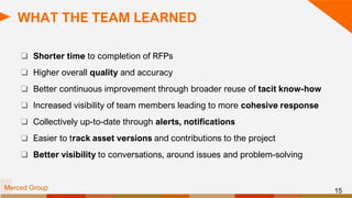 WHAT THE TEAM LEARNED
❏ Shorter time to completion of RFPs
❏ Higher overall quality and accuracy
❏ Better continuous impro...