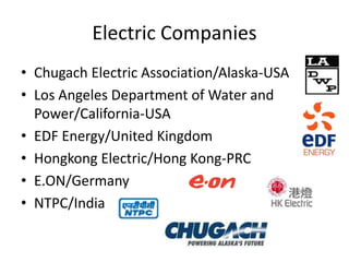 Electric CompaniesChugach Electric Association/Alaska-USALos Angeles Department of Water and Power/California-USAEDF Energy/United KingdomHongkong Electric/Hong Kong-PRCE.ON/GermanyNTPC/India