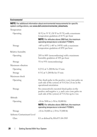20 Getting Started With Your System
Environmental
NOTE: For additional information about environmental measurements for specific
system configurations, see www.dell.com/environmental_datasheets.
Temperature
Operating 10 °C to 35 °C (50 °F to 95 °F) with a maximum
temperature gradation of 10 °C per hour
NOTE: For altitudes above 2950 feet, the maximum
operating temperature is derated 1ºF/550 ft.
Storage –40° to 65°C (–40° to 149°F) with a maximum
temperature gradation of 20°C per hour
Relative humidity
Operating 20% to 80% (noncondensing) with a maximum
humidity gradation of 10% per hour
Storage 5% to 95% (noncondensing)
Maximum vibration
Operating 0.25 G at 3–200 Hz for 15 min
Storage 0.5 G at 3–200 Hz for 15 min
Maximum shock
Operating One shock pulse in the positive z axis (one pulse on
each side of the system) of 31 G for 2.6 ms in the
operational orientation
Storage Six consecutively executed shock pulses in the
positive and negative x, y, and z axes (one pulse on
each side of the system) of 71 G for up to 2 ms
Altitude
Operating –16 to 3048 m (–50 to 10,000 ft)
NOTE: For altitudes above 2950 feet, the maximum
operating temperature is derated 1ºF/550 ft.
Storage –16 to 10,600 m (–50 to 35,000 ft)
Airborne Contaminant Level
Class G1 as defined by ISA-S71.04-1985
 