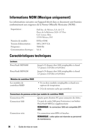 36 Guide de mise en route
Informations NOM (Mexique uniquement)
Les informations suivantes sur l'appareil décrit dans ce document sont fournies
conformément aux exigences de la Norme Officielle Mexicaine (NOM) :
Caractéristiques techniques
Importateur :
Numéro de modèle : E03J et E04J
Tension d'alimentation : 100 à 240 V CA
Fréquence : 50/60 Hz
Consommation électrique : 8,6 A
Lecteurs
PowerVault MD3600f Jusqu'à 12 disques durs SAS remplaçables à chaud
3,5 pouces (3,0 Gb/s et 6,0 Gb/s)
PowerVault MD3620f Jusqu'à 24 disques durs SAS remplaçables à chaud
2,5 pouces (3,0 Gb/s et 6,0 Gb/s)
Modules de contrôleur RAID
Les modules de
contrôleur RAID
• Un ou deux modules remplaçables à chaud avec
capteurs de température
• 2 Go de mémoire cache par contrôleur
Connecteurs du panneau arrière (par module de contrôleur RAID)
Connecteurs FC Quatre ports d'entrée FC pour connecter des hôtes
Un port de sortie SAS pour l'extension à un boîtier
PowerVault MD12xx supplémentaire
REMARQUE : le connecteur SAS est compatible SFF-
8088.
Connecteur SAS
Connecteur série Un connecteur mini-DIN à 6 broches
REMARQUE : cette option est réservée au personnel
de maintenance.
 