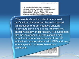 The results show that intestinal mucosal
dysfunction characterized by an increased
translocation of gram-negative bacteria
(leaky gut) plays a role in the inflammatory
pathophysiology of depression. It is suggested
that the increased LPS translocation may
mount an immune response and thus IRS
activation in some patients with MDD and may
induce specific ―sickness behaviour‖
symptoms.
 
