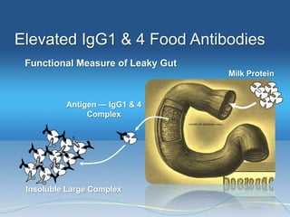 Elevated IgG1 & 4 Food Antibodies
 Functional Measure of Leaky Gut
                                   Milk Protein


          Antigen — IgG1 & 4
               Complex




 Insoluble Large Complex
 
