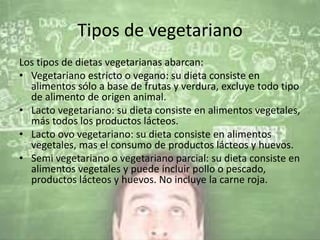 Tipos de vegetariano
Los tipos de dietas vegetarianas abarcan:
• Vegetariano estricto o vegano: su dieta consiste en
alimentos sólo a base de frutas y verdura, excluye todo tipo
de alimento de origen animal.
• Lacto vegetariano: su dieta consiste en alimentos vegetales,
más todos los productos lácteos.
• Lacto ovo vegetariano: su dieta consiste en alimentos
vegetales, mas el consumo de productos lácteos y huevos.
• Semi vegetariano o vegetariano parcial: su dieta consiste en
alimentos vegetales y puede incluir pollo o pescado,
productos lácteos y huevos. No incluye la carne roja.
 
