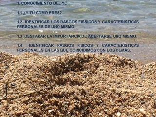 1. CONOCIMIENTO DEL YO 
1.1 ¿Y TÚ CÓMO ERES? 
1.2 IDENTIFICAR LOS RASGOS FÍSSICOS Y CARACTERISTICAS 
PERSONALES DE UNO MISMO. 
1.3 DESTACAR LA IMPORTANCIA DE ACEPTARSE UNO MISMO. 
1.4 IDENTIFICAR RASGOS FISICOS Y CARACTERISTICAS 
PERSONALES EN LAS QUE COINCIDIMOS CON LOS DEMÁS. 
 