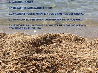 3. LAS CUALIDADES 
3.1 DESARROLLAR LA AUTOESTIMA. 
3.2 VALORAR POSITIVAMENTE A LOS MIEMBROS DEL GRUPO. 
3.3 AFIANZAR EL SENTIMIENTO DE PERTENENCIA AL GRUPO. 
3.4 FAVORECER UN CLIMA POSITIVO DE COMUNICACIÓN Y 
CONFIANZA EN EL GRUPO. 
 