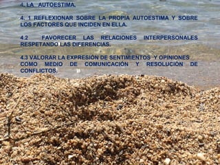 4. LA AUTOESTIMA. 
4. 1 REFLEXIONAR SOBRE LA PROPIA AUTOESTIMA Y SOBRE 
LOS FACTORES QUE INCIDEN EN ELLA. 
4.2 FAVORECER LAS RELACIONES INTERPERSONALES 
RESPETANDO LAS DIFERENCIAS. 
4.3 VALORAR LA EXPRESIÓN DE SENTIMIENTOS Y OPINIONES 
COMO MEDIO DE COMUNICACIÓN Y RESOLUCIÓN DE 
CONFLICTOS. 
 