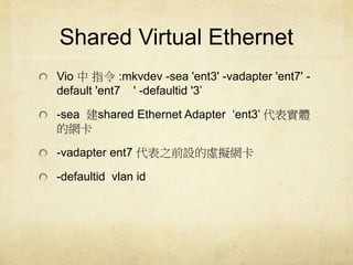 Shared Virtual Ethernet 
Vio ָ:mkvdev -sea 'ent3' -vadapter 'ent7' - 
default 'ent7 ' -defaultid '3 
-sea shared Ethernet Adapter ent3 팍w 
ľW 
-vadapter ent7 ֮ǰO̓MW 
-defaultid vlan id 
 