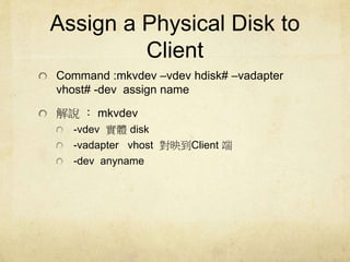 Assign a Physical Disk to 
Client 
Command :mkvdev Cvdev hdisk# Cvadapter 
vhost# -dev assign name 
f mkvdev 
-vdev wdisk 
-vadapter vhost ӳClient  
-dev anyname 
 