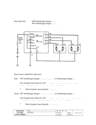 Kaca spion kiri : MH berhubungan dengan …..…..
MV berhubungan dengan …..…..
Posisi mirror sebelah kiri naik turun
Naik :MV berhubungan dengan …..…..…..…..…..….., C berhubungan dengan …..
Arus mengalir dari baterai ke ACC …..….. ….. …..…..…..….. …..…..
…..….. …..…..….. ….. ….. ….. ….. …..…..…..
* Motor berputar, kaca bergerak …..…..…..
Turun :MV berhubungan dengan …..…..…..…..…..….., C berhubungan dengan …..
Arus mengalir dari baterai ke ACC …..….. ….. ….. ….. ….. …..…..
…..….. …..….. …..…..…..…..…..….. ….. ….. …..…..…..
* Motor berputar, kaca bergerak …..…..…..…..
TRAINING
CENTRE
ASTRA MOBIL
Nama : 10 30 01 10
Perusahaan : Penyusun : Tanggal : 13 of 14
Fir/Hut Peb’98
 