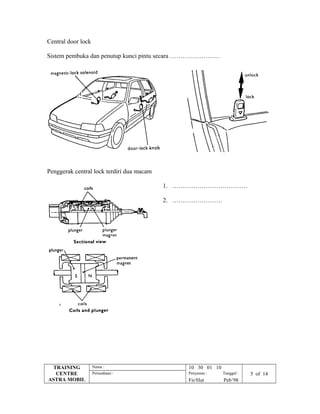 Central door lock
Sistem pembuka dan penutup kunci pintu secara ……………………
Penggerak central lock terdiri dua macam
1. ………………………………
2. ……………………
TRAINING
CENTRE
ASTRA MOBIL
Nama : 10 30 01 10
Perusahaan : Penyusun : Tanggal : 5 of 14
Fir/Hut Peb’98
 