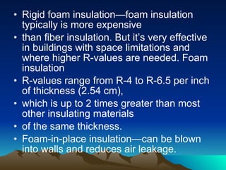 Rolls and batts—or blankets—are flexible products made from mineral fibers, such as fiberglass and rock wool. They are available in widths suited to standard spacings of wall studs and attic or floor joists. 2x4 walls can hold R-13 or R-15 batts; 2x6 walls can have R-19or R-21 products. 