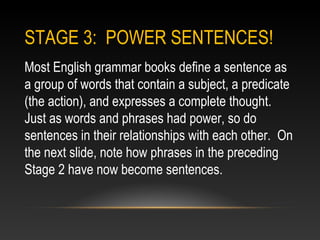 STAGE 3: POWER SENTENCES!
Most English grammar books define a sentence as
a group of words that contain a subject, a predicate
(the action), and expresses a complete thought.
Just as words and phrases had power, so do
sentences in their relationships with each other. On
the next slide, note how phrases in the preceding
Stage 2 have now become sentences.
 