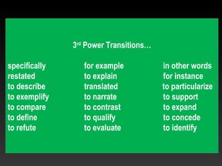3rd
Power Transitions…
specifically for example in other words
restated to explain for instance
to describe translated to particularize
to exemplify to narrate to support
to compare to contrast to expand
to define to qualify to concede
to refute to evaluate to identify
 