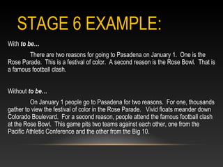 STAGE 6 EXAMPLE:
With to be…
There are two reasons for going to Pasadena on January 1. One is the
Rose Parade. This is a festival of color. A second reason is the Rose Bowl. That is
a famous football clash.
Without to be…
On January 1 people go to Pasadena for two reasons. For one, thousands
gather to view the festival of color in the Rose Parade. Vivid floats meander down
Colorado Boulevard. For a second reason, people attend the famous football clash
at the Rose Bowl. This game pits two teams against each other, one from the
Pacific Athletic Conference and the other from the Big 10.
 