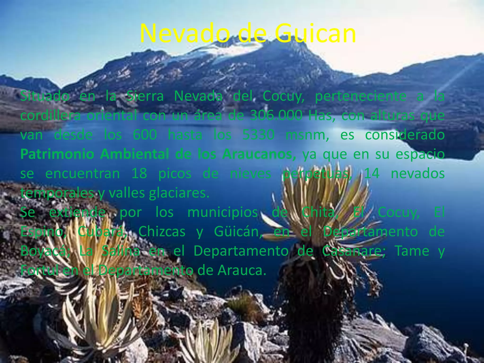 Nevado de GuicanSituado en la Sierra Nevada del Cocuy, perteneciente a la cordillera oriental con un área de 306.000 Has, con alturas que van desde los 600 hasta los 5330 msnm, es considerado Patrimonio Ambiental de los Araucanos, ya que en su espacio se encuentran 18 picos de nieves perpetuas, 14 nevados temporales y valles glaciares.Se extiende por los municipios de Chita, El Cocuy, El Espino, Cubará, Chizcas y Güicán, en el Departamento de Boyacá; La Salina en el Departamento de Casanare; Tame y Fortul en el Departamento de Arauca.