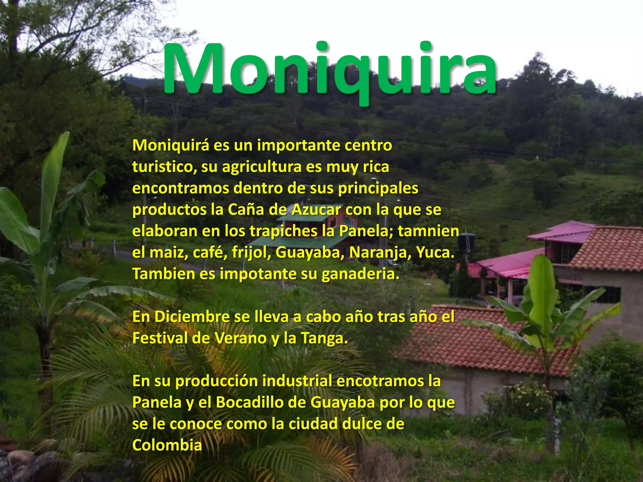 MoniquiraMoniquirá es un importante centro turistico, su agricultura es muy rica encontramos dentro de sus principales productos la Caña de Azucar con la que se elaboran en los trapiches la Panela; tamnien el maiz, café, frijol, Guayaba, Naranja, Yuca. Tambien es impotante su ganaderia.En Diciembre se lleva a cabo año tras año el Festival de Verano y la Tanga.En su producción industrial encotramos la Panela y el Bocadillo de Guayaba por lo que se le conoce como la ciudad dulce de Colombia 