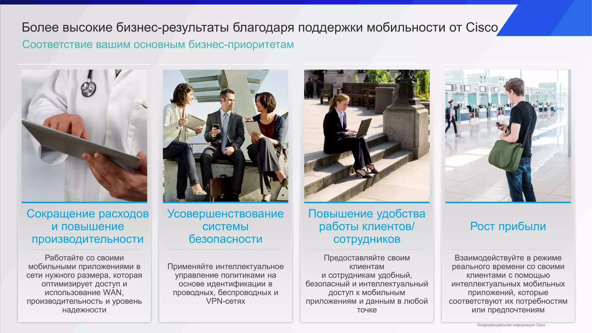 Более высокие бизнес-результаты благодаря поддержки мобильности от Cisco
Соответствие вашим основным бизнес-приоритетам
Работайте со своими
мобильными приложениями в
сети нужного размера, которая
оптимизирует доступ и
использование WAN,
производительность и уровень
надежности
Сокращение расходов
и повышение
производительности
Применяйте интеллектуальное
управление политиками на
основе идентификации в
проводных, беспроводных и
VPN-сетях
Усовершенствование
системы
безопасности
Предоставляйте своим
клиентам
и сотрудникам удобный,
безопасный и интеллектуальный
доступ к мобильным
приложениям и данным в любой
точке
Повышение удобства
работы клиентов/
сотрудников
Взаимодействуйте в режиме
реального времени со своими
клиентами с помощью
интеллектуальных мобильных
приложений, которые
соответствуют их потребностям
или предпочтениям
Рост прибыли
Конфиденциальная информация Cisco
 