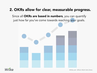 Wrike.com	
  	
  Where	
  Work	
  Gets	
  Done.	
  
Since all OKRs are based in numbers, you can quantify
just how far you’ve come towards reaching your goals.
2. OKRs allow for clear, measurable progress.
 