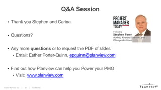 © 2017 Planview, Inc. | 20 | Confidential
Q&A Session
• Thank you Stephen and Carina
• Questions?
• Any more questions or ...
