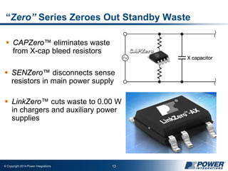 © Copyright 2014 Power Integrations 13
“Zero” Series Zeroes Out Standby Waste
 CAPZero™ eliminates waste
from X-cap bleed resistors
 SENZero™ disconnects sense
resistors in main power supply
 LinkZero™ cuts waste to 0.00 W
in chargers and auxiliary power
supplies
 