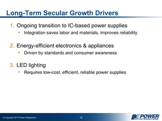© Copyright 2014 Power Integrations 15
Long-Term Secular Growth Drivers
1. Ongoing transition to IC-based power supplies
• Integration saves labor and materials, improves reliability
2. Energy-efficient electronics & appliances
• Driven by standards and consumer awareness
3. LED lighting
• Requires low-cost, efficient, reliable power supplies
 