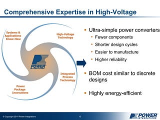 © Copyright 2014 Power Integrations 4
 Ultra-simple power converters
• Fewer components
• Shorter design cycles
• Easier to manufacture
• Higher reliability
 BOM cost similar to discrete
designs
 Highly energy-efficient
Comprehensive Expertise in High-Voltage
 