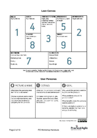 Lean Canvas
User Personas
Page of2 10 PO Workshop Handouts
 