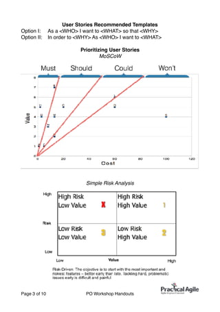 User Stories Recommended Templates
Option I: As a <WHO> I want to <WHAT> so that <WHY>
Option II: In order to <WHY> As <WHO> I want to <WHAT>
Prioritizing User Stories
MoSCoW
Simple Risk Analysis
Page of3 10 PO Workshop Handouts
 