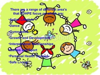 There are a range of different area’s
  that PDHPE focus on which are:
•Active Lifestyle
•Dance
•Gymnastics
•Growth and Development
•Interpersonal Relationships
•Games and Sport
•Personal Health Choices
•Safe Living
 