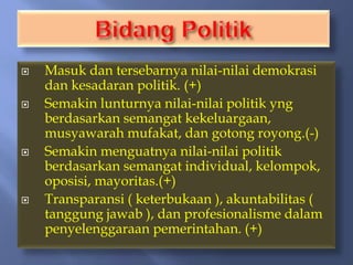    Masuk dan tersebarnya nilai-nilai demokrasi
    dan kesadaran politik. (+)
   Semakin lunturnya nilai-nilai politik yng
    berdasarkan semangat kekeluargaan,
    musyawarah mufakat, dan gotong royong.(-)
   Semakin menguatnya nilai-nilai politik
    berdasarkan semangat individual, kelompok,
    oposisi, mayoritas.(+)
   Transparansi ( keterbukaan ), akuntabilitas (
    tanggung jawab ), dan profesionalisme dalam
    penyelenggaraan pemerintahan. (+)
 
