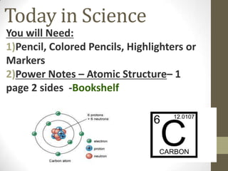 Today in Science
You will Need:
1)Pencil, Colored Pencils, Highlighters or
Markers
2)Power Notes – Atomic Structure– 1
page 2 sides -Bookshelf

 