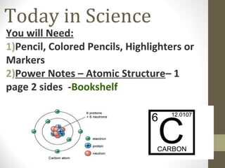 Today in Science

You will Need:
1)Pencil, Colored Pencils, Highlighters or
Markers
2)Power Notes – Atomic Structure– 1
page 2 sides -Bookshelf

 