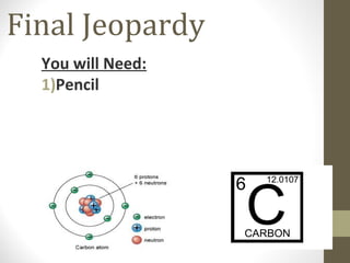 Final Jeopardy
You will Need:
1)Pencil

 