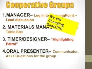 1.MANAGER– Log in to W e
LearningPoint –

are
Lead discussion
Cha
ngin
Sea
t s ! ! gOrganize
2. MATERIALS MANAGER–!
!!
Table Box

3. TIMER/DESIGNER– “Highlighting
Patrol”

4.ORAL PRESENTER– Communicator,
Asks Questions for the group

 