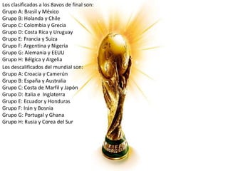 Los clasificados a los 8avos de final son: 
Grupo A: Brasil y México 
Grupo B: Holanda y Chile 
Grupo C: Colombia y Grecia 
Grupo D: Costa Rica y Uruguay 
Grupo E: Francia y Suiza 
Grupo F: Argentina y Nigeria 
Grupo G: Alemania y EEUU 
Grupo H: Bélgica y Argelia 
Los descalificados del mundial son: 
Grupo A: Croacia y Camerún 
Grupo B: España y Australia 
Grupo C: Costa de Marfil y Japón 
Grupo D: Italia e Inglaterra 
Grupo E: Ecuador y Honduras 
Grupo F: Irán y Bosnia 
Grupo G: Portugal y Ghana 
Grupo H: Rusia y Corea del Sur 
 