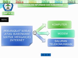 PERANGKAT KERAS 
ATAU HARDWARE 
UNTUK MENGAKSES 
INTERNET 
KOMPUTER 
MODEM 
SALURAN 
TELEKOMUNIKASI 
MENU 
 