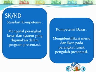 Kompetensi Dasar : 
Mengidentifikasi menu 
dan ikon pada 
perangkat lunak 
pengolah presentasi. 
SK/KD 
Standart Kompetensi : 
Mengenal perangkat 
keras dan system yang 
digunakan dalam 
program presentasi. 
 