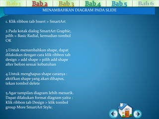 MENAMBAHKAN DIAGRAM PADA SLIDE 
1. Klik ribbon tab Insert > SmartArt 
2.Pada kotak dialog SmartArt Graphic, 
pilih > Basic Radial, kemudian tombol 
OK 
3.Untuk menambahkan shape, dapat 
dilakukan dengan cara klik ribbon tab 
design > add shape > pilih add shape 
after before sesuai kebutuhan 
4.Untuk menghapus shape caranya : 
aktifkan shape yang akan dihapus, 
tekan tombol delete 
5.Agar tampilan diagram lebih menarik. 
Dapat dilakukan format diagram yaitu : 
Klik ribbon tab Design > klik tombol 
group More SmartArt Style. 
 
